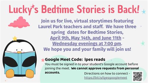 Bedtime Stories on April 9, May 14, and June 11 at 7 PM